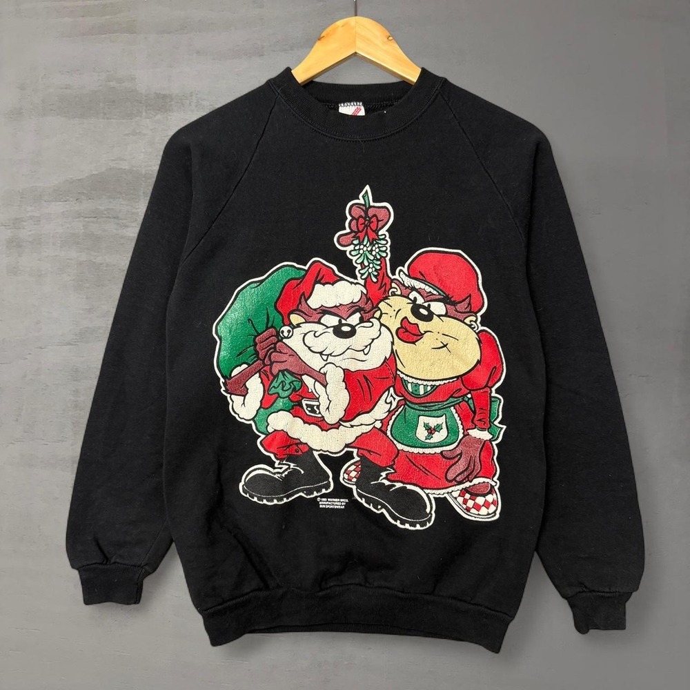 Jerzees Looney Tunes Sweatshirt Black 1993 Taz Christmas Vintage Size Medium